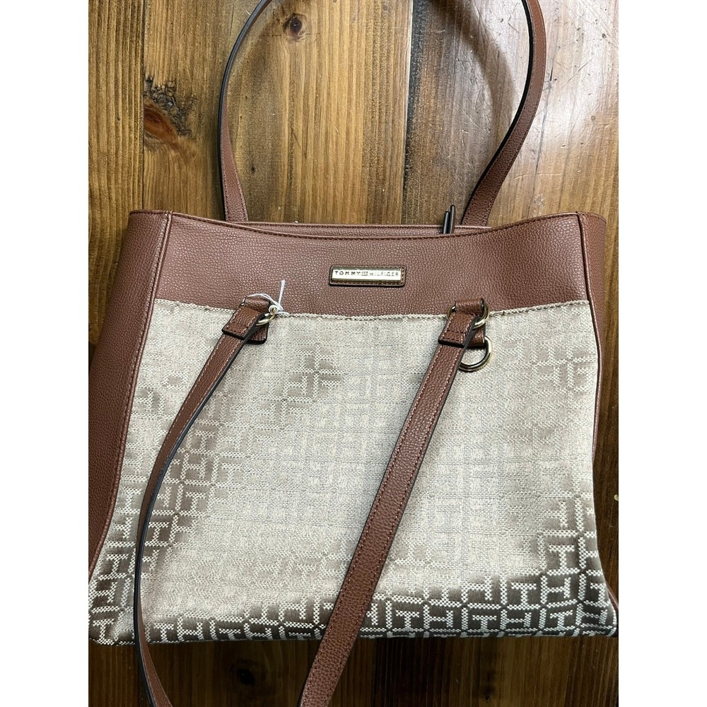 Tommy Hilfiger Tote Bag Brown Tan Logo Print Shoulder Bag‎
